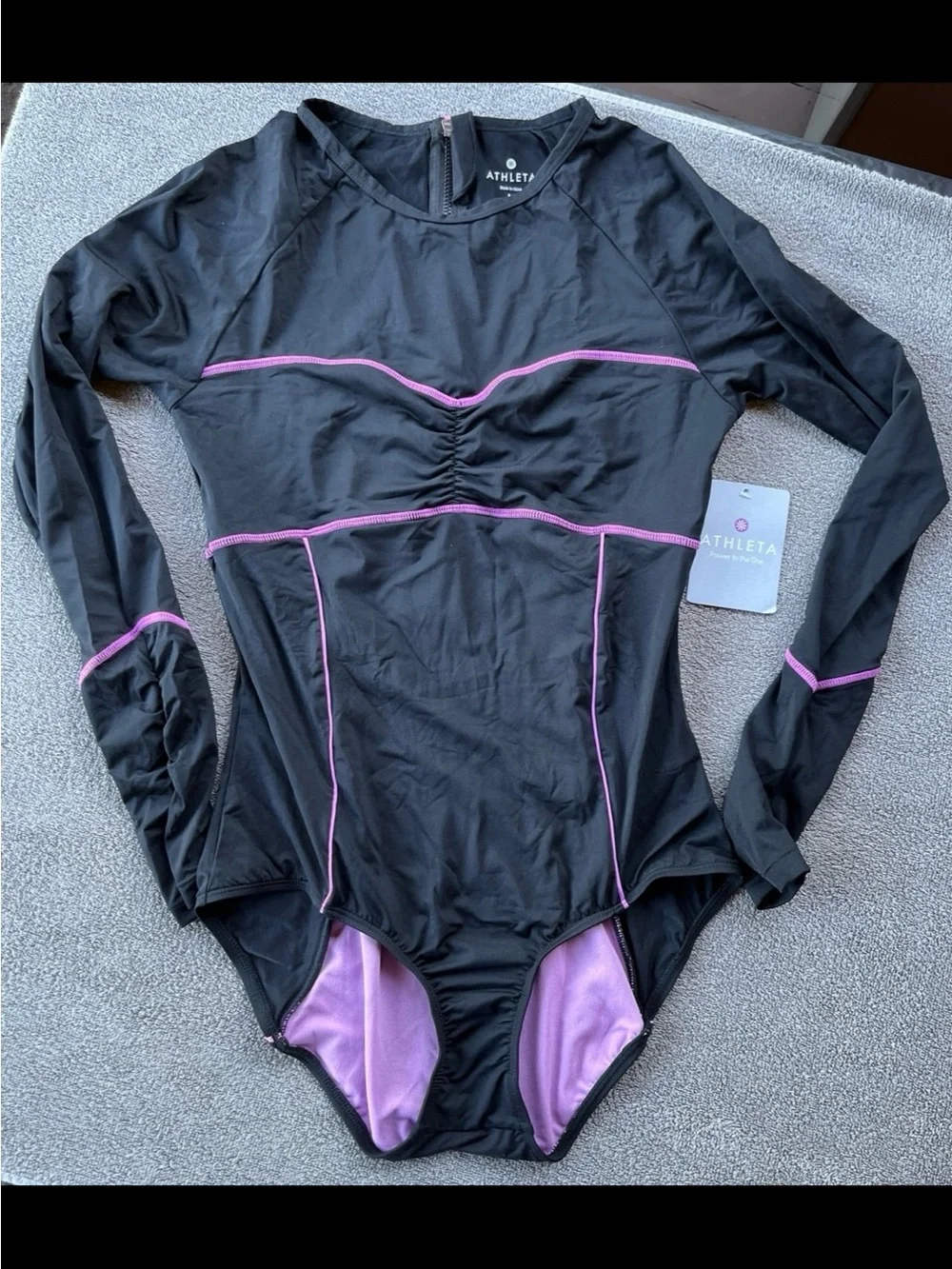 Athleta Ariel Black Long-Sleeve Swim rashguard with Purple Piping